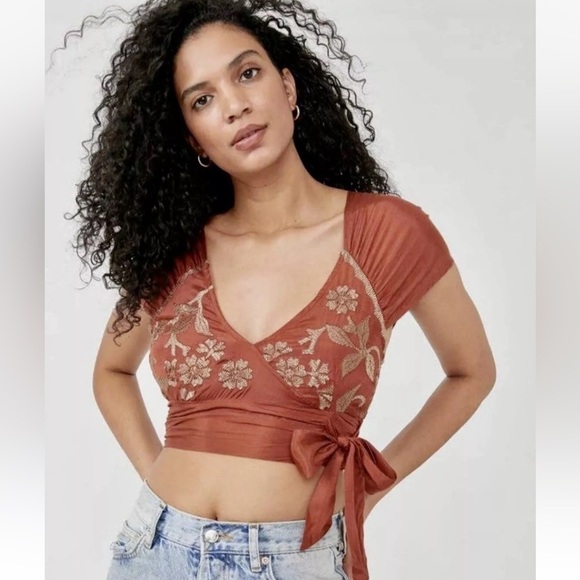 Sahara Embroidered Wrap Rust Brown Crop Top by Free People Size SMALL NWT - Picture 2 of 11